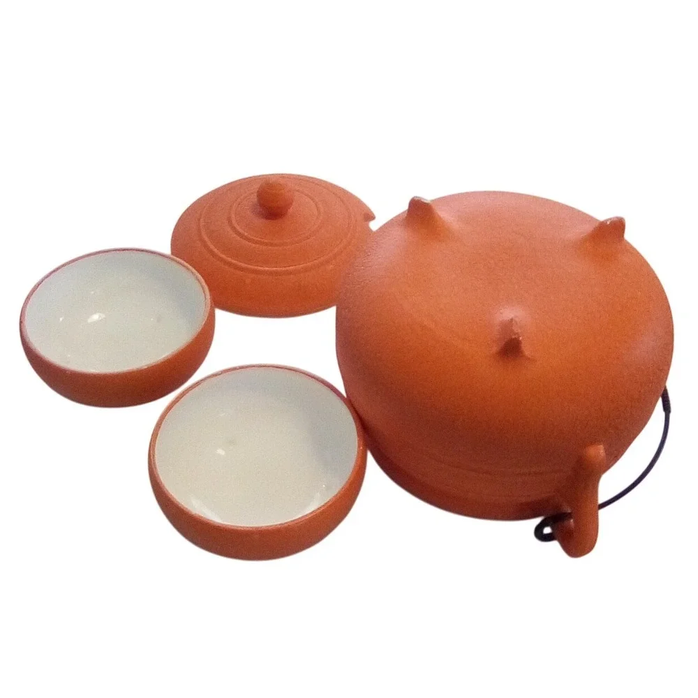 Red‎ Orange Soup Tureen Kettle with Lid, Two Bowls,Serving Set